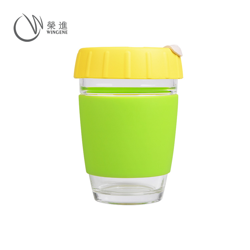 新款创意防烫玻璃咖啡杯|玻璃咖啡杯带防烫硅胶杯盖杯套-荣进新款创意防烫玻璃咖啡杯定制厂家(图20) 创意随手玻璃水杯带旋转扣式硅胶杯套杯盖